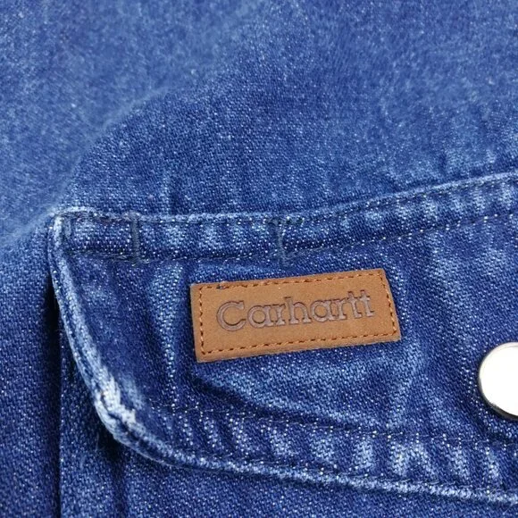 Vintage Carhartt Denim Pearl Snap Shirt Mens Medium Blue Heavy Western Work S141 - Picture 3 of 10